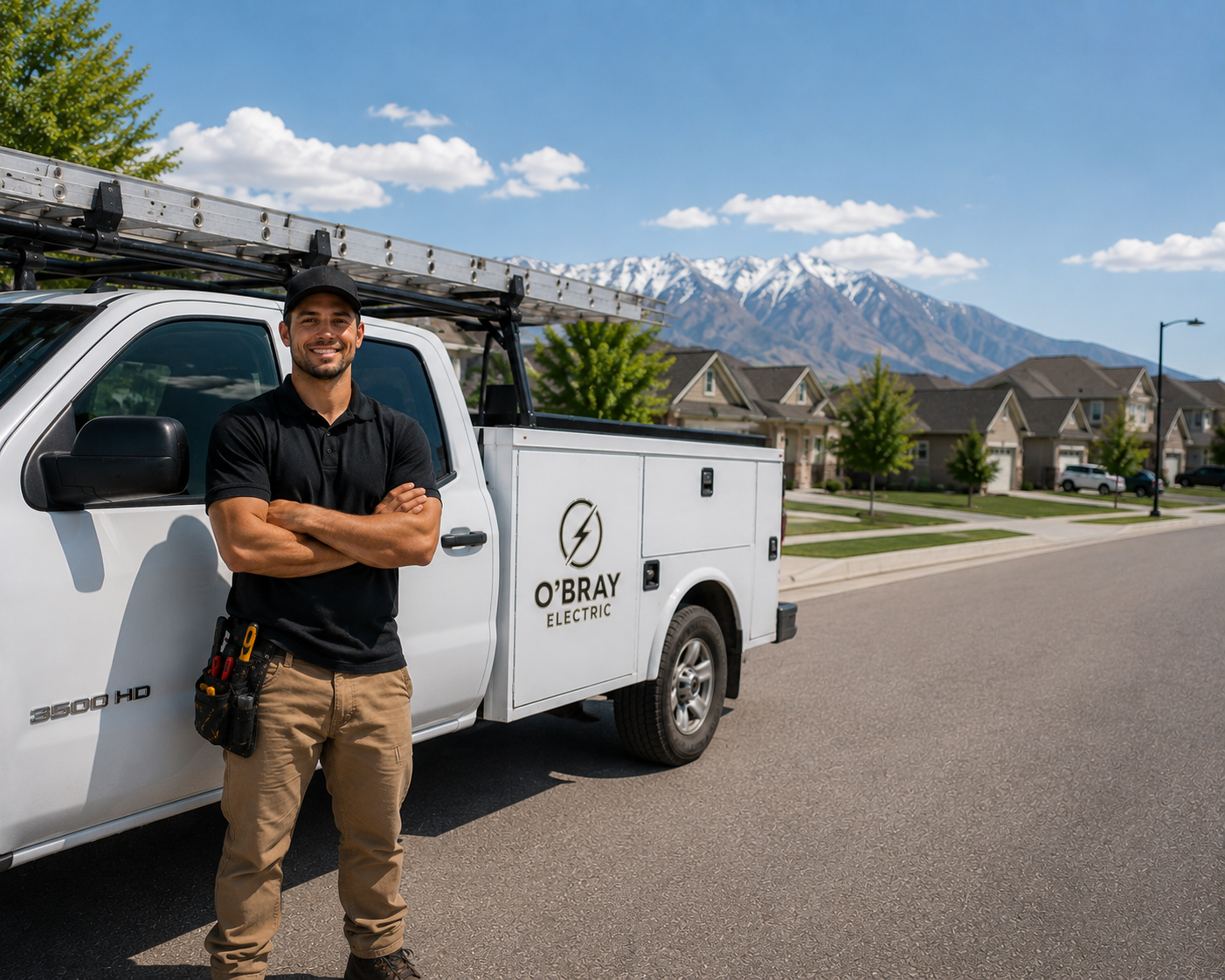 O'Bray Electric master electrician with service truck in a Utah neighborhood