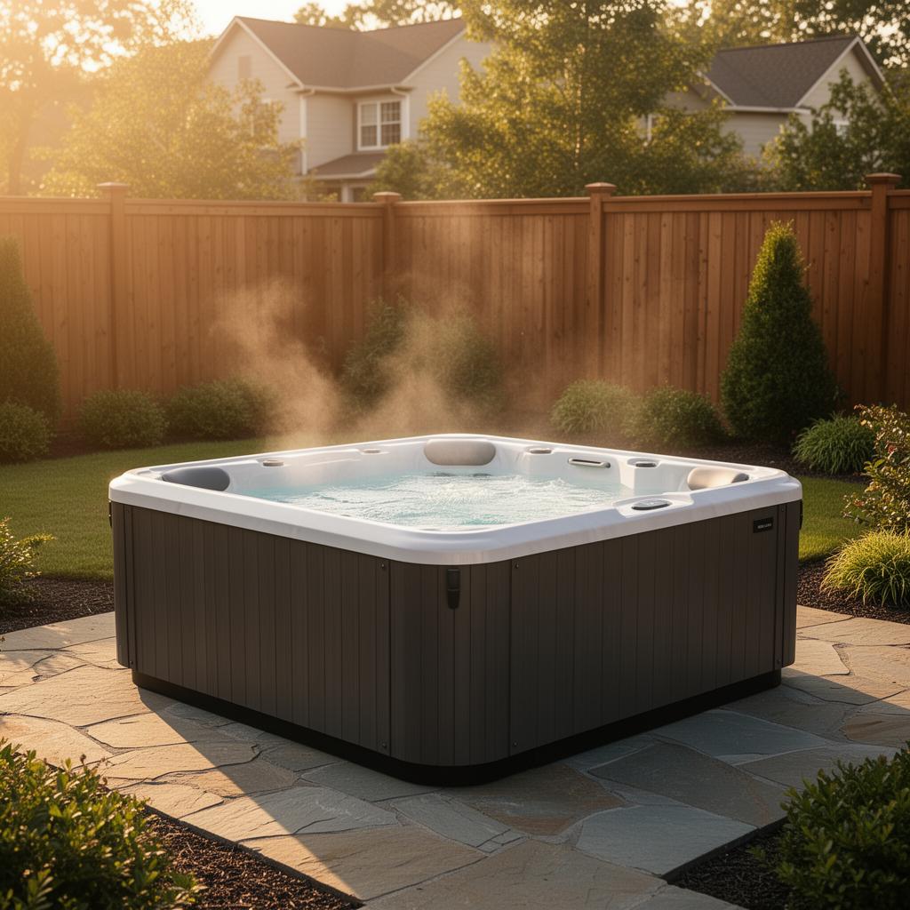 Modern hot tub in a suburban Utah backyard wired by O'Bray Electric