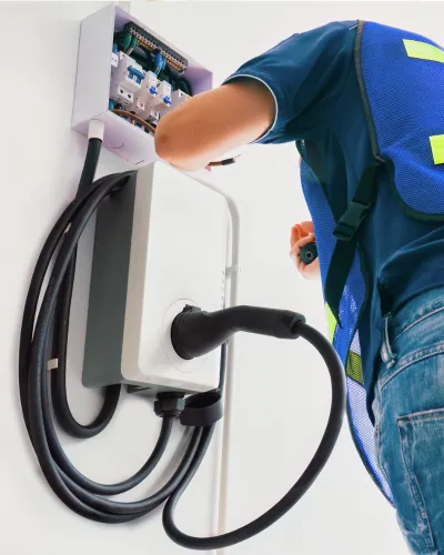 Electrician in a safety vest wiring a wall-mounted EV charger beside an open electrical enclosure
