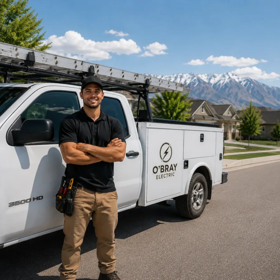 O’Bray Electric electrician beside the company service truck in a Utah neighborhood