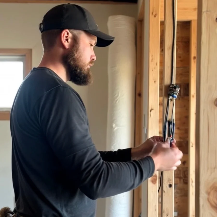 Electrician working on wiring in an exposed framed wall