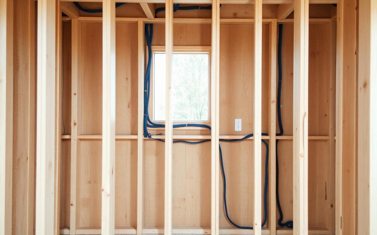 Electrical wiring and junction boxes installed in framed basement walls before drywall