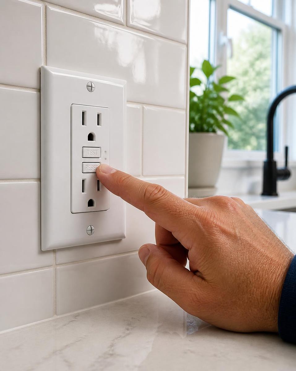 Code-compliant GFCI outlet with test and reset buttons installed in a Utah home