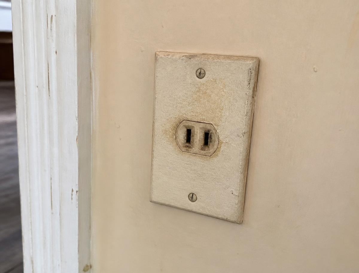 Worn, discolored two-prong electrical outlet on the wall of an older home