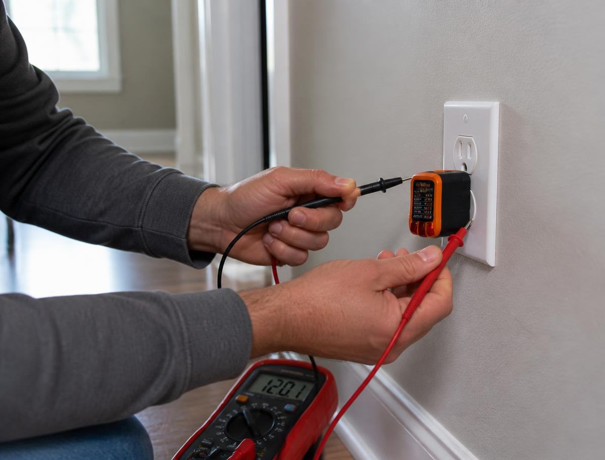 Electrician testing a wall outlet with a multimeter and receptacle tester