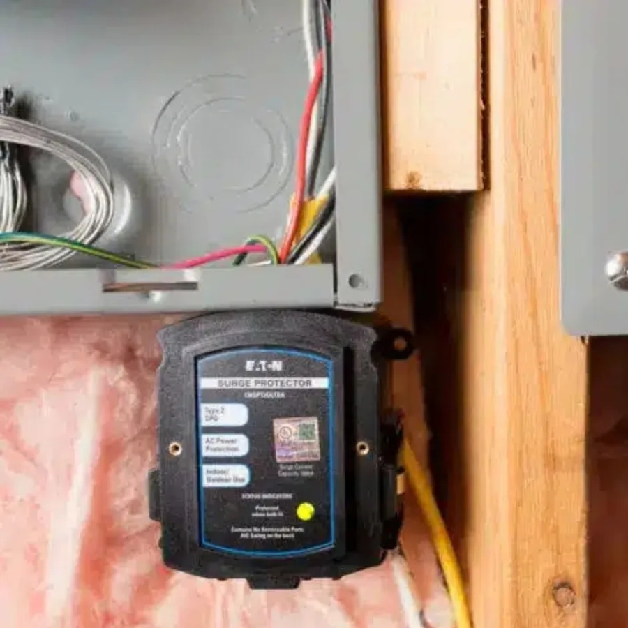 Surge protective device mounted beside an open electrical panel on a framed wall