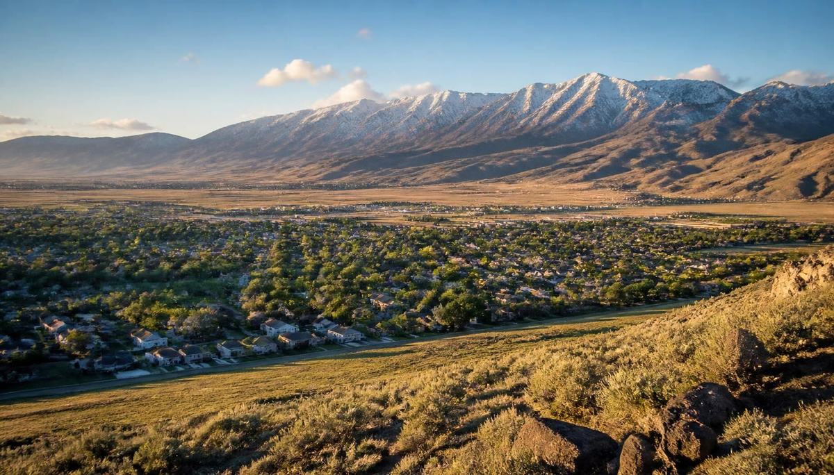 Tooele Valley, Utah with tree-lined neighborhoods below the Oquirrh Mountains
